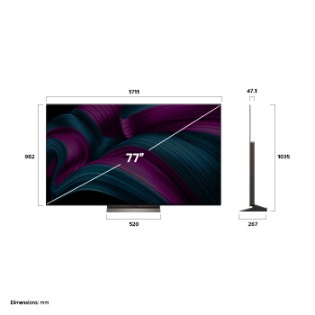 Vista frontale e laterale dello Smart TV LG OLED evo AI C5 4K che mostra le dimensioni di lunghezza, larghezza, altezza e profondità.