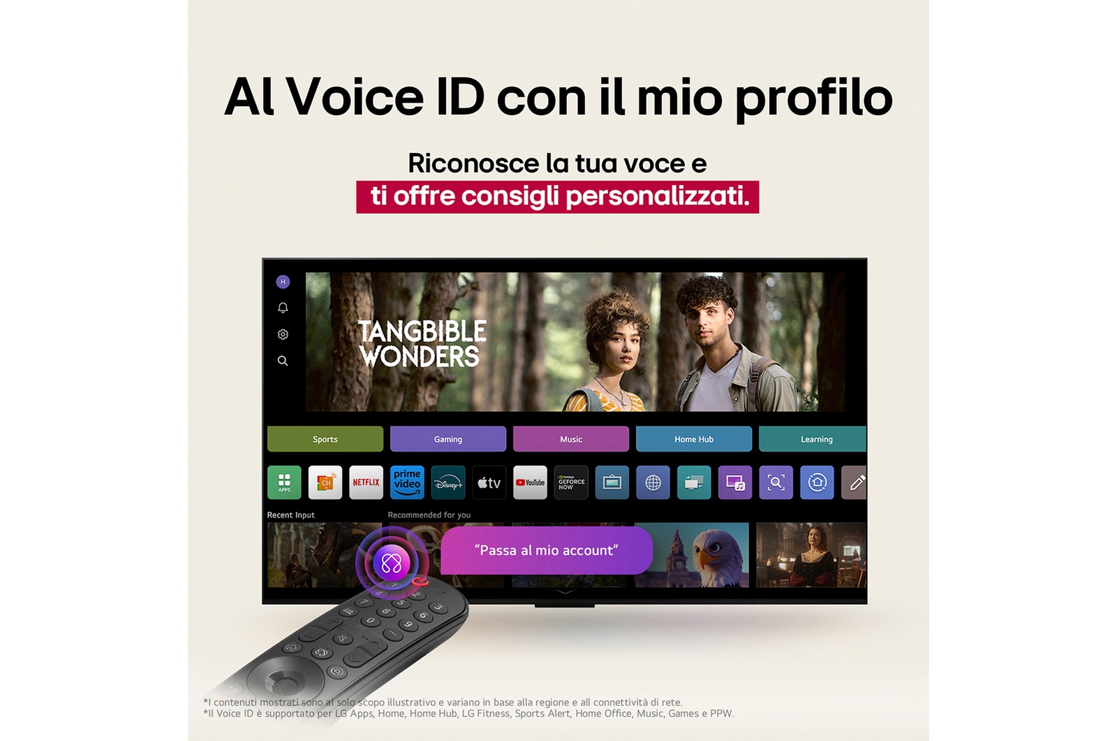 Sullo schermo di un LG OLED TV viene visualizzata la pagina iniziale di webOS 25, ricca di app e contenuti di intrattenimento. Accanto alla TV c’è il telecomando LG AI Magic Remote, il cui pulsante AI è messo in evidenza come se fosse attivato dalla voce dell’utente. Accanto ad essa c'è un fumetto, che passa al mio account. Il breve testo spiega come gli utenti possano ora sincronizzare la propria voce con il profilo personale per una navigazione più semplice e raccomandazioni personalizzate.