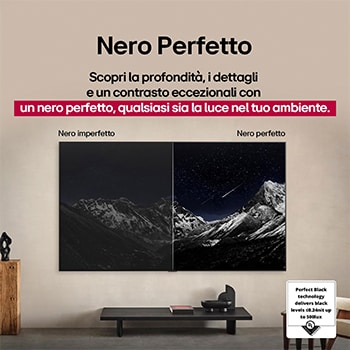 Spazio del salotto con LG OLED TV a parete. Sul televisore si vede una catena montuosa in un cielo scuro e pieno di stelle. Questa scena è divisa a metà. Un lato mostra una versione più opaca e grigia del display orizzontale, etichettato come Nero non perfetto. Dall’altra parte c’è un’immagine più gradevole con una gamma dinamica più ampia di neri e bianchi. Questo schermo viene etichettato come Nero perfetto. Anche la certificazione del logo è visibile, la tecnologia Nero perfetto offre livelli di nero inferiori o uguali a 0,24 nit fino a 500 lux. 