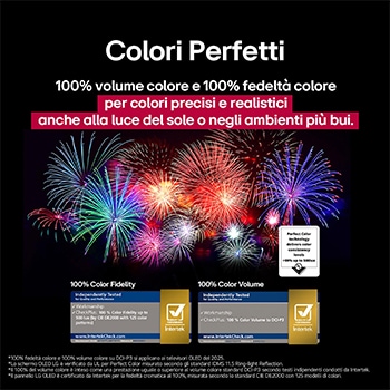 Fuochi d’artificio abbaglianti e dai colori vivaci vengono proiettati su uno schermo televisivo. Ciò dimostra una fedeltà cromatica del 100%, ovvero colori accurati anche alla luce del sole.  La certificazione del logo è visibile, la tecnologia Colori perfetti garantisce livelli di coerenza del colore superiori al 99% fino a 500 lux. Le certificazioni Intertek che dimostrano l’indipendenza dei test.