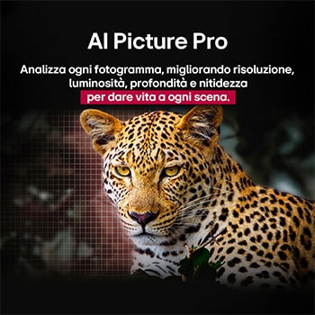 Leopardo nella foresta, dai colori vividi e ricco di dettagli. Il leopardo ha una griglia e una luce che brilla dietro di esso, indicando come LG AI Picture Pro ha apportato notevoli miglioramenti visivi alla risoluzione, alla luminosità, alla profondità e alla chiarezza della scena.