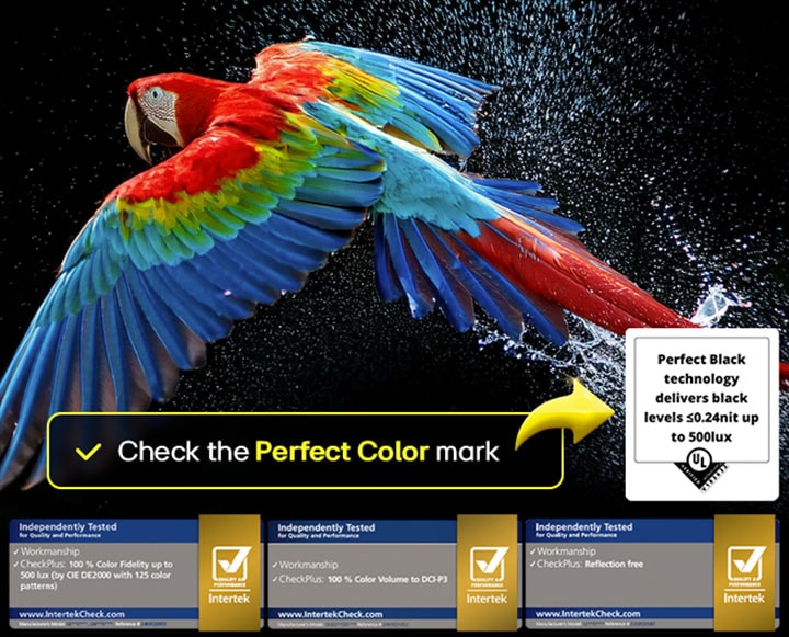 Fuochi d’artificio abbaglianti e dai colori vivaci vengono proiettati su uno schermo televisivo. Si vede il logo della certificazione che attesta la fedeltà colore superiore al 99% fino a 500 lux. Inoltre, sono presenti la certificazione di assenza di riflessi e le altre certificazioni Intertek.