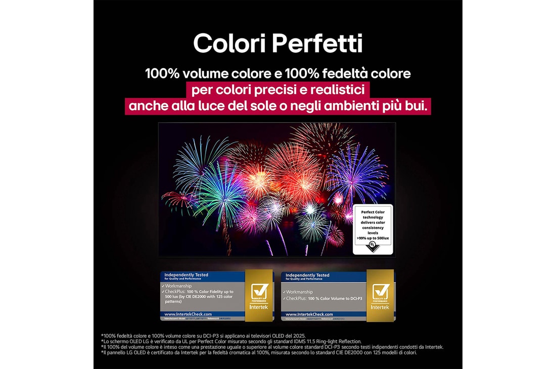 Pappagallo colorato in altissima definizione su sfondo nero. Gocce d’acqua sono sospese nell’aria tutt’intorno. L’immagine mostra il colore perfetto, in quanto ogni diversa tonalità sul corpo del pappagallo è nitida e vivida. Inoltre, lo sfondo scuro con gli schizzi d’acqua dettagliati mette in evidenza come lo schermo sia privo di riflessi. Sono visibili diverse certificazioni con logo UL e Intertek. Questi si riferiscono alla fedeltà del colore al 100%, al 100% di volume di colore e all’assenza di riflessi. Anche il testo è visibile, verifica il marchio di certificazione dei Colori perfetti.