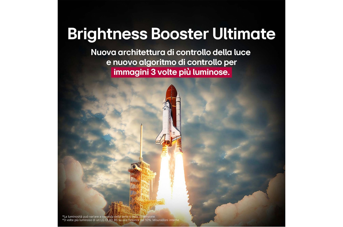 Uno space shuttle in fase di lancio da terra La scena è divisa a metà: una metà è leggermente più scura e opaca, l’altra metà mostra come le immagini dell’esplosione del razzo siano straordinariamente luminosa sullo schermo di una LG OLED TV con la struttura di emissione della luce e l’architettura di controllo dell’illuminazione dell’ottimo Brightness Booster.