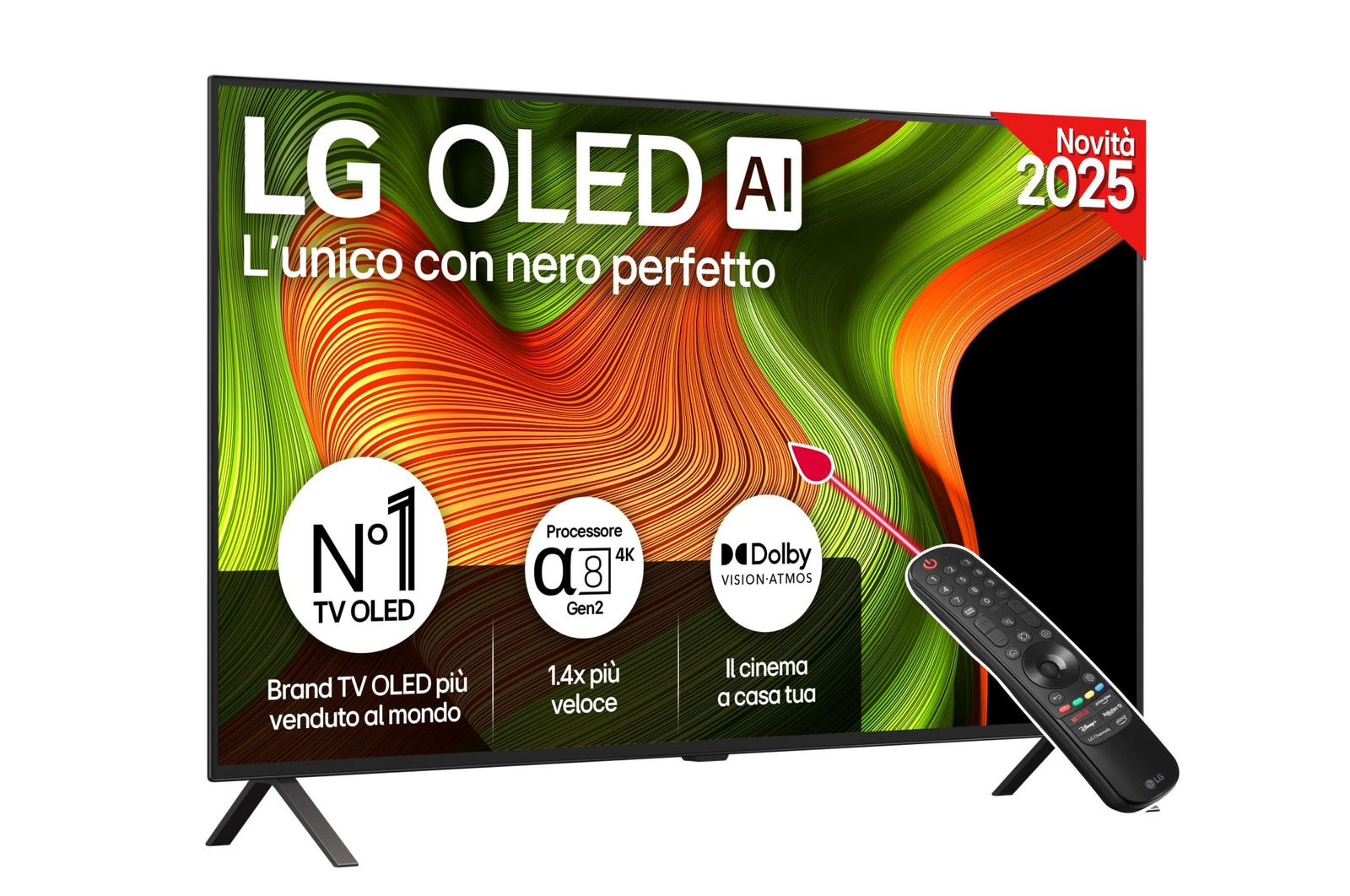 Vista frontale di una Smart TV LG OLED AI B5 4K Sullo schermo sono raffigurati i 12 anni di emblema OLED numero 1 al mondo e il logo LG OLED AI 2025.