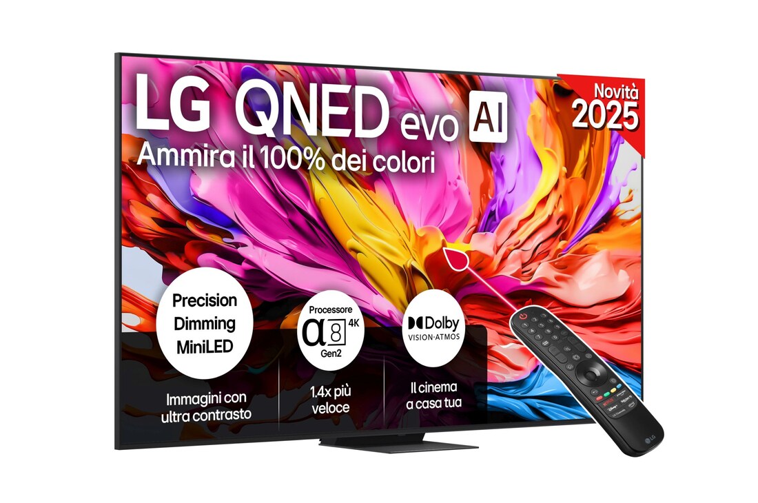 Vista frontale di una TV 100 pollici LG QNED evo AI QNED86 MiniLED 4K Smart TV 2025 100QNED86A6