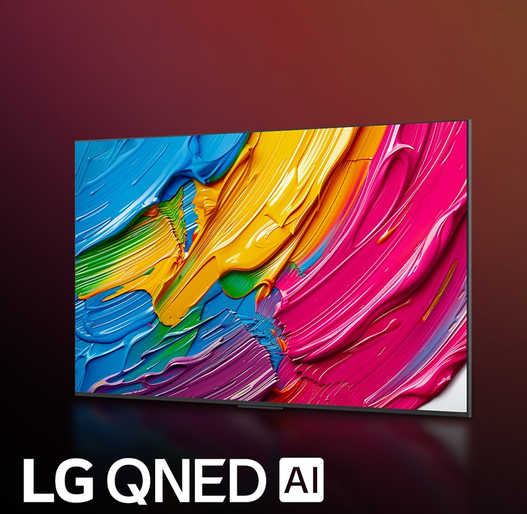 Un TV LG QNED su uno sfondo scuro e colorato Sullo schermo c’è un’opera d’arte luminosa e colorata che mette in mostra la tecnologia del colore QNED e la sua capacità di visualizzare un ampio spettro di tonalità con un contrasto elevato. Il logo LG QNED AI è visibile. Il titolo cita: Il Dynamic QNED Color ridefinisce i colori