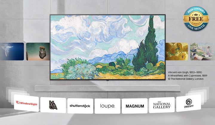 Un TV LG montato a parete con una varietà di contenuti che scorrono sullo schermo, dall’arte classica all’arte moderna ecc... Vengono mostrati anche i loghi dei partner dei contenuti. Il badge gratuito nell’angolo indica contenuti gratuiti per un mese.