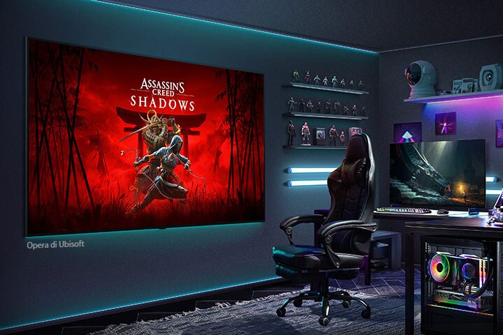 Un TV installato in una stanza da gaming su cui c'è un'immagine di Assassin's Creed Shadows. 