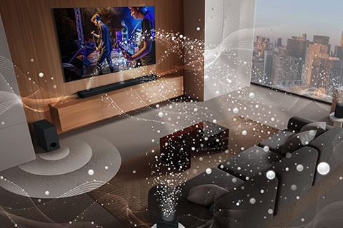 La LG TV, la LG Soundbar, gli altoparlanti posteriori e il subwoofer si trovano nel soggiorno di un grattacielo e riproducono una performance musicale. Onde sonore bianche composte da gocce si proiettano dalla soundbar e dagli altoparlanti posteriori, avvolgendo il divano e lo spazio abitativo. Un subwoofer crea un effetto sonoro dal basso.