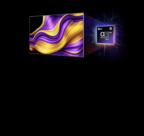 Sullo schermo di un TV LG OLED evo AI è visibile un’immagine astratta con dettagli, colori e contrasti impressionanti. Dietro al TV si trova una versione ingrandita del processore α11 AI di seconda generazione, che emette una luce che illumina i circuiti del microchip intorno a esso. Il titolo recita “LG OLED evo AI”. È inoltre visibile il testo “powered by LG α11 AI Processor Gen2”.