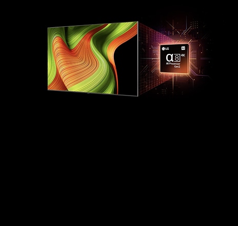 Sullo schermo di un TV LG OLED AI è visibile un’immagine astratta con dettagli, colori e contrasti impressionanti. Dietro al TV si trova una versione ingrandita del processore α8 AI di seconda generazione, che emette una luce che illumina i circuiti del microchip circostanti. Il titolo recita “LG OLED AI”. È inoltre visibile il testo “powered by LG α8 AI Processor Gen2”.