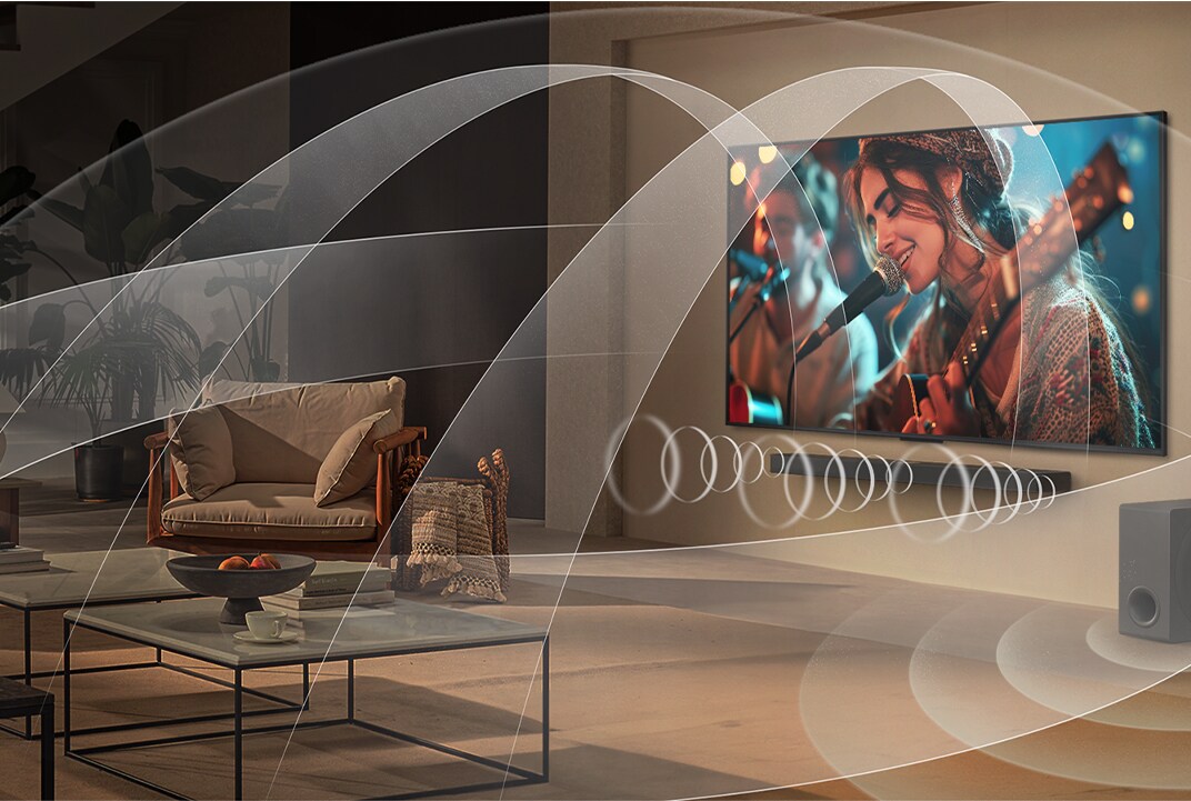 Soggiorno con un TV LG e una Soundbar LG, con grafiche che rappresentano come entrambi i dispositivi riempiano lo spazio con un suono multi-surround.
