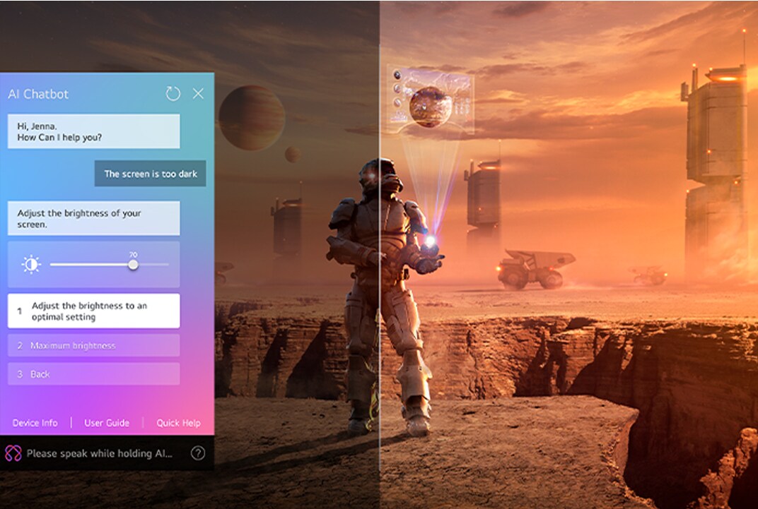 Sullo schermo di un TV LG è in riproduzione un contenuto di fantascienza. È visibile l’interfaccia di AI Chatbot, in cui l’utente scrive che lo schermo è troppo scuro. Il chatbot propone soluzioni al problema. L’intera scena è divisa in due: da un lato l’immagine è più scura, dall’altro più luminosa, mostrando come AI Chatbot abbia risolto automaticamente il problema per l’utente.