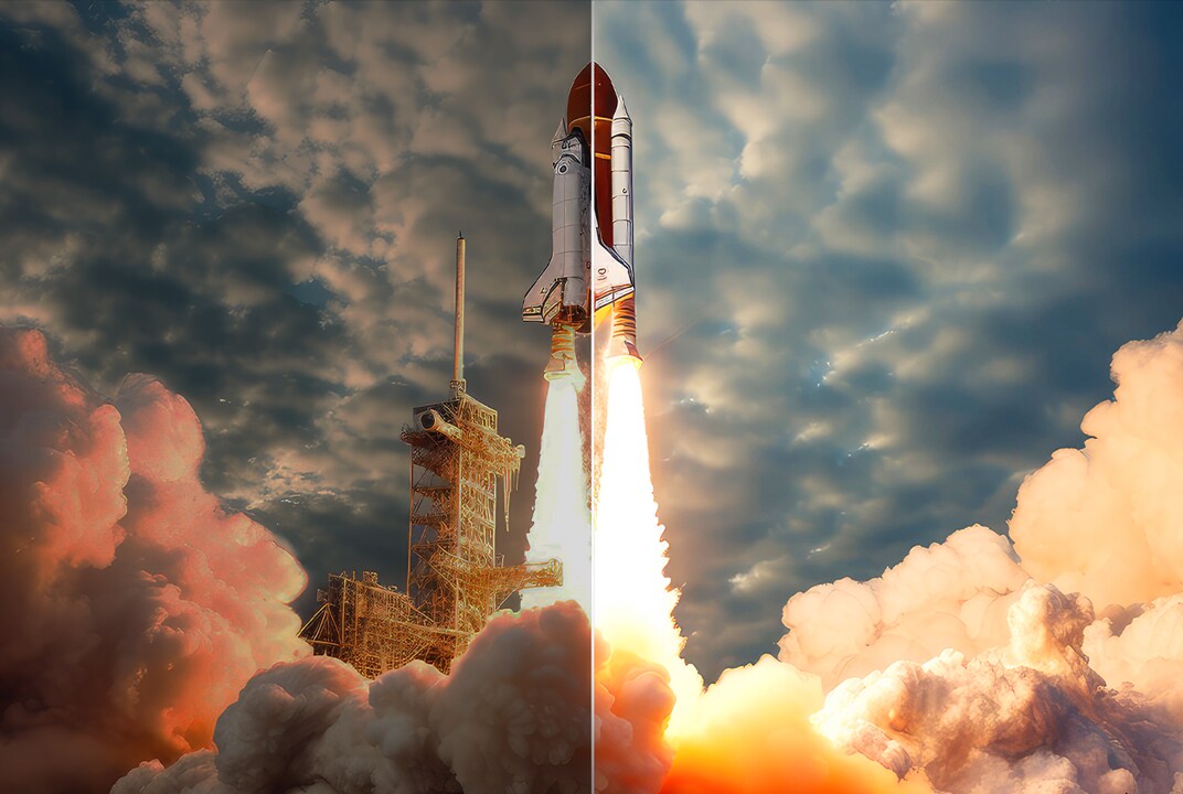 Scena di un lancio di navetta spaziale divisa a metà: una parte è luminosa e vivida grazie agli algoritmi di potenziamento della luminosità di LG, mentre l’altra è scura, sbiadita e grigia.