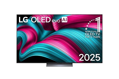 Vista frontale del TV LG OLED evo AI C5 4K Smart TV con emblema 12 anni numero 1 al mondo nei TV OLED.