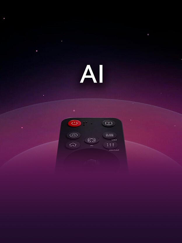 Telecomando LG AI Magic Remote con il pulsante AI evidenziato. È presente un’interfaccia grafica con icone che mostrano come il pulsante AI consenta di accedere a diverse funzioni AI, tra cui AI Voice ID, AI Search, AI Chatbot, AI Concierge, AI Picture Wizard e AI Sound Wizard. La funzionalità viene poi mostrata mentre il cursore si muove sull’interfaccia, dimostrando come il telecomando possa essere utilizzato come un air mouse per puntare e cliccare.
