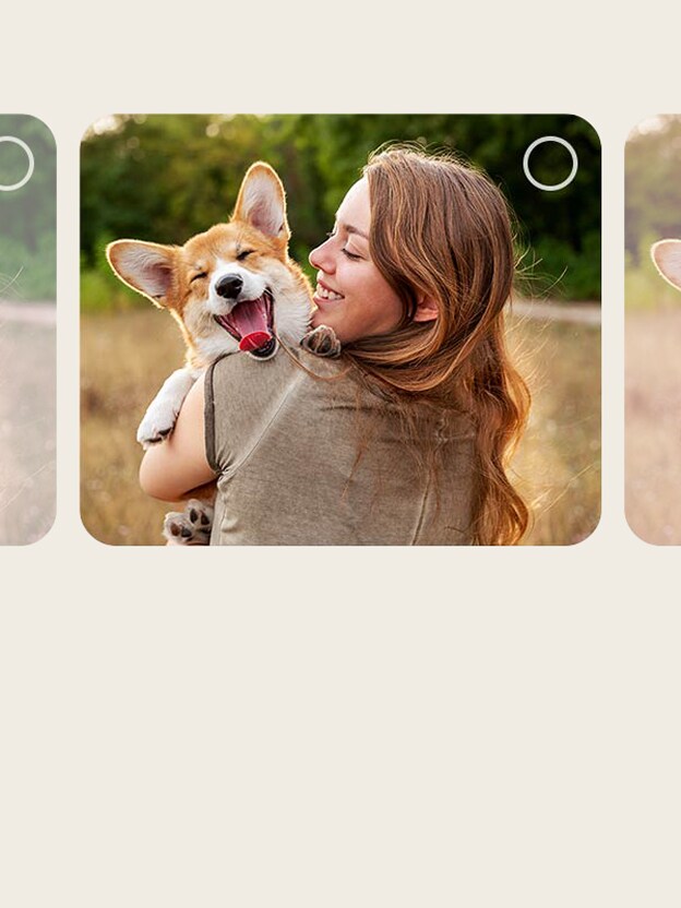 Schermo che mostra l’utente mentre utilizza il processo di personalizzazione AI Picture Wizard. Viene mostrata una serie di immagini con le selezioni dell’utente evidenziate. Appare un’icona di caricamento e un paesaggio viene migliorato da sinistra a destra.