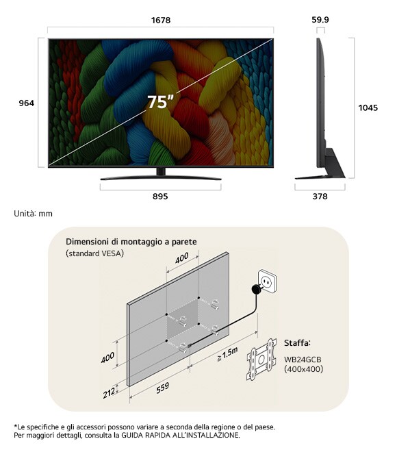 Vista dimensionale del LG NanoCell AI NANO81 4K Smart TV 75-inch, 1678×1045×378 mm, panel 59.9 mm, VESA 400x400. 