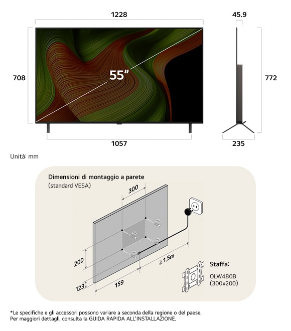 Vista dimensionale del LG OLED AI B5 4K 55-inch, 1228×772×235 mm, panel 45.9 mm, VESA 300x200.