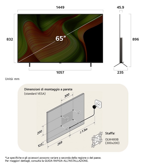 Vista dimensionale del LG OLED AI B5 4K 65-inch, 1449×896×235 mm, panel 45.9 mm, VESA 300x200.