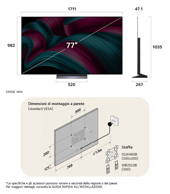 Vista dimensionale del LG OLED AI B4 4K 77-inch, 1719×1057×319 mm, panel 50.9 mm, VESA 300x200.