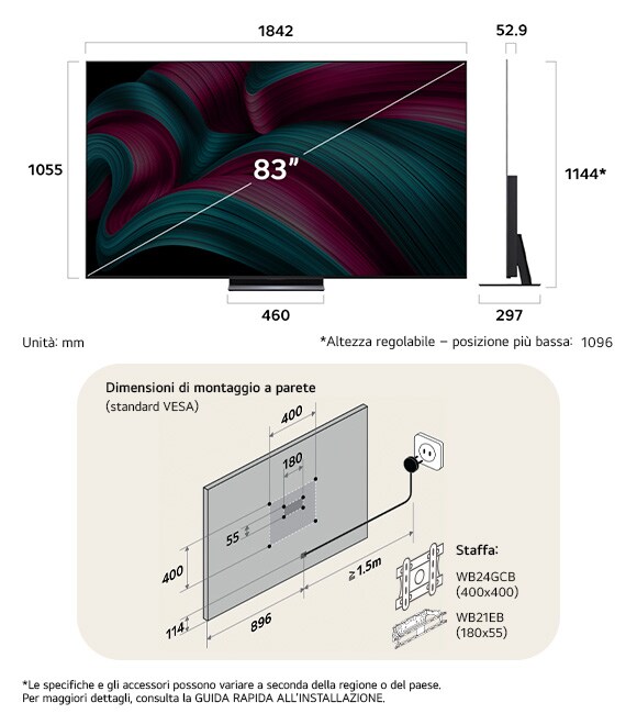 Vista dimensionale del LG OLED evo AI C5 4K 83-inch, 1842×1144×297 mm, panel 52.9 mm, VESA 400x400, lowest position 1096 mm.