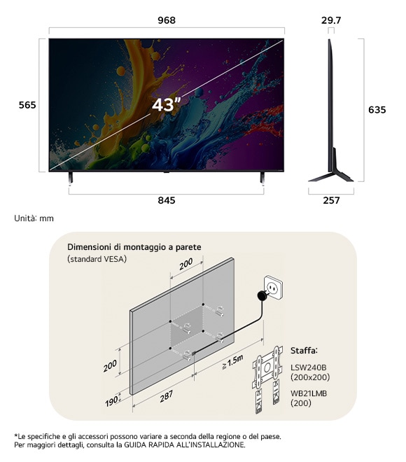 Vista dimensionale del LG QNED MiniLED AI QNED80 4K 43-inch, 968×635×257 mm, panel 29.7 mm, VESA 200x200.