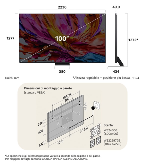 Vista dimensionale del LG QNED MiniLED AI QNED86 4K 100-inch, 2230×1372×434 mm, panel 49.9 mm, VESA 600x400, lowest position.