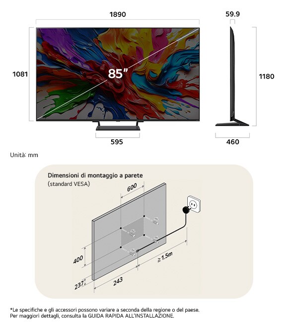 Vista dimensionale del LG QNED MiniLED AI QNED93 4K 85-inch, 1890×1180×460 mm, panel 59.9 mm, VESA 600x400.