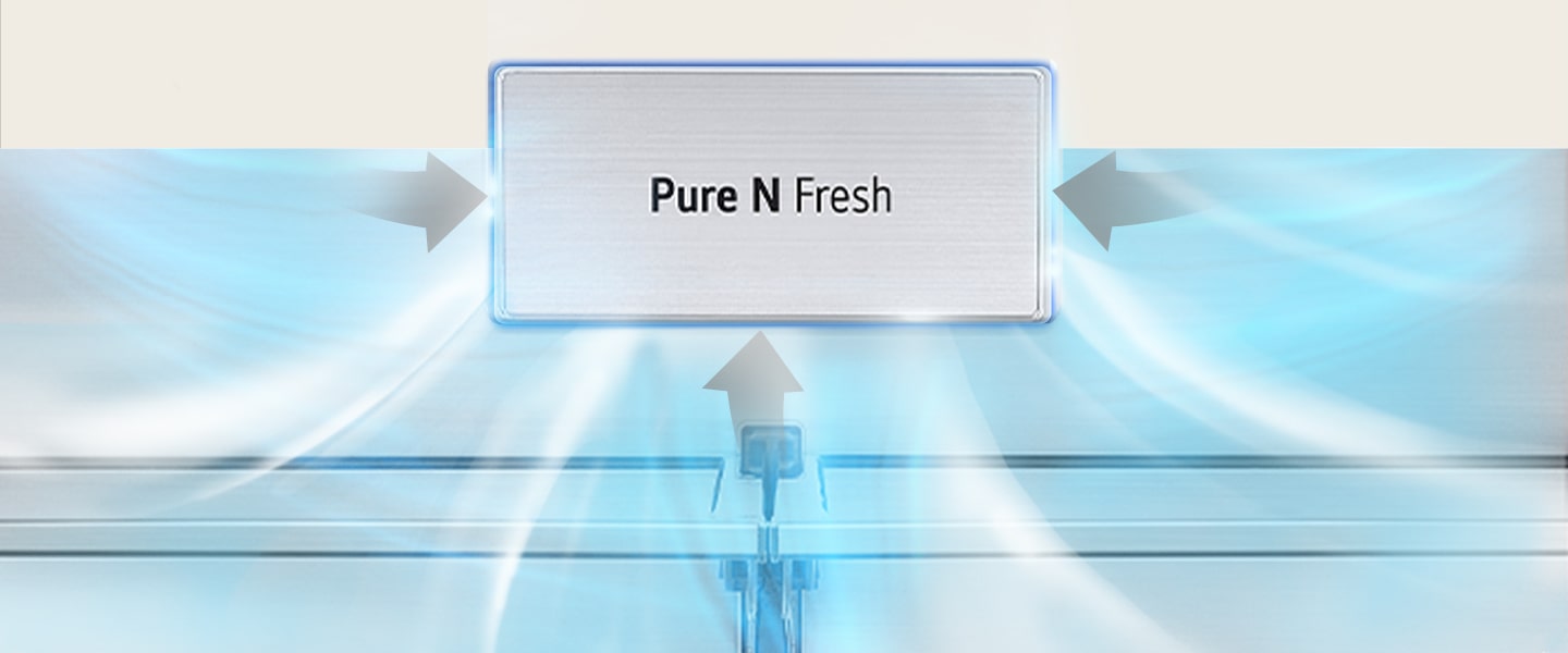 Sistema Pure N Fresh LG con flussi d'aria blu, migliora la freschezza del frigorifero, flussi mostrati da tre frecce.
