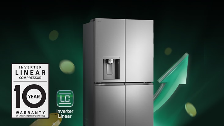 Foto di un frigo con una freccia che va verso l'alto e delle monete di sfondo. Ci sono i loghi Inverter Linear e garanzia di 10 anni sul compressore.