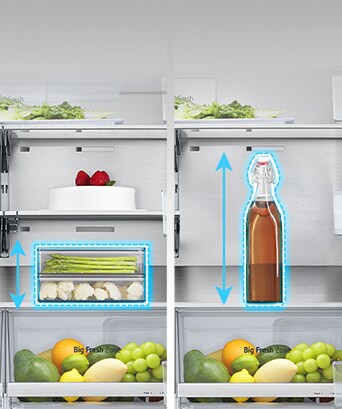 Frigorifero LG con scaffali regolabili, contiene verdure, frutta, bevande e un dolce sul ripiano superiore.