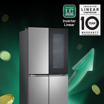Frigorifero LG con compressore inverter lineare, garanzia di 10 anni, fondo verde e icone di risparmio energetico.