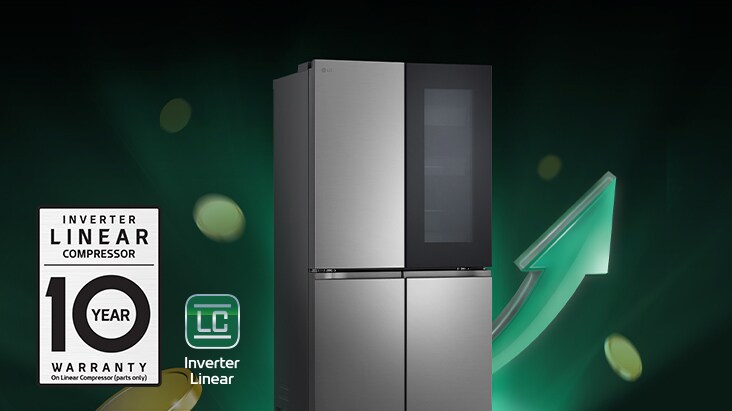 Frigorifero LG con garanzia di 10 anni su compressore lineare inverter, su sfondo verde con freccia in aumento.