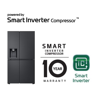 Frigorifero nero a due porte LG con compressore Smart Inverter e garanzia di 10 anni, accanto al logo Smart Inverter.