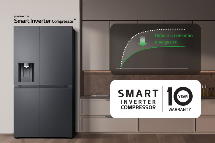 Frigorifero LG a doppia porta con compressore Smart Inverter, riduce il consumo energetico, garanzia di 10 anni.