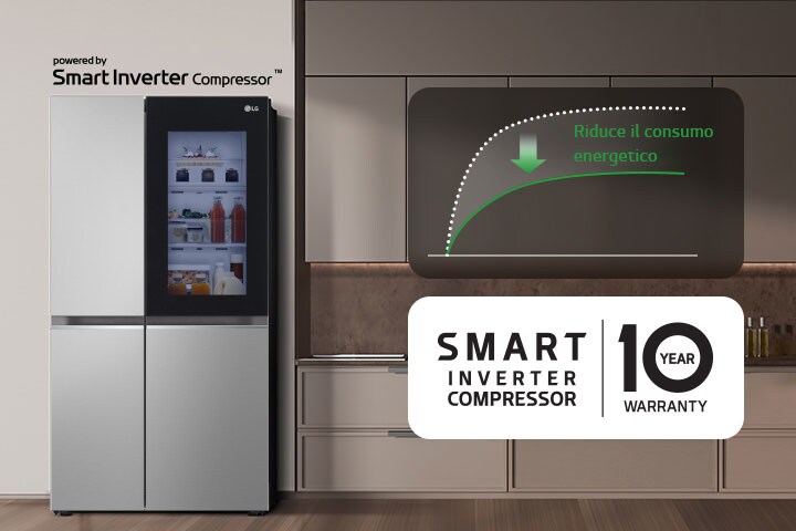 Frigorifero LG con Smart Inverter Compressor in cucina moderna, riduce il consumo energetico, garanzia di 10 anni.