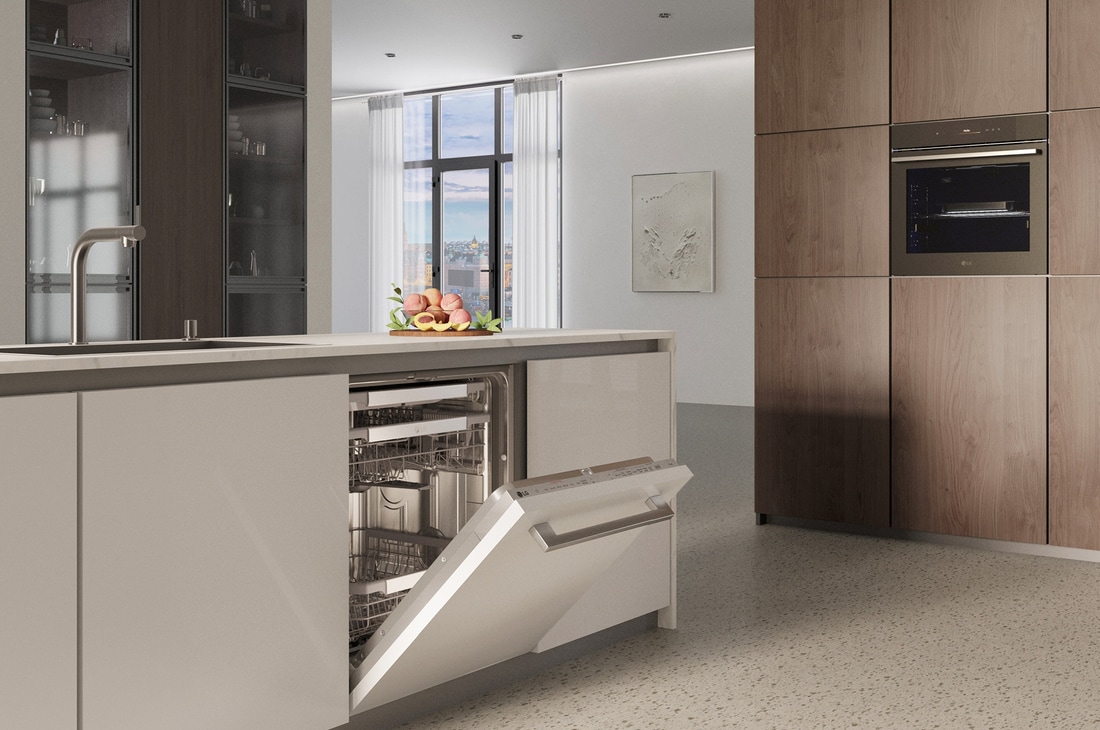 Foto ambientata di una cucina vista di lato con la lavastoviglie integrata