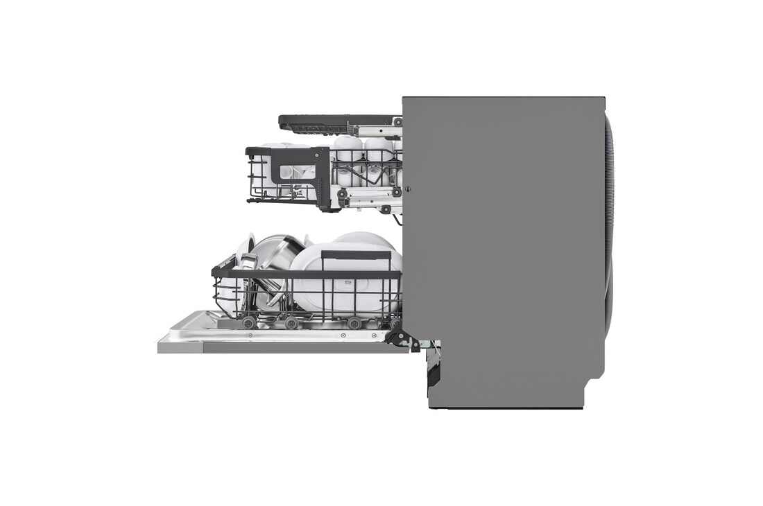 Vista laterale con cestello superiore completamente alzato