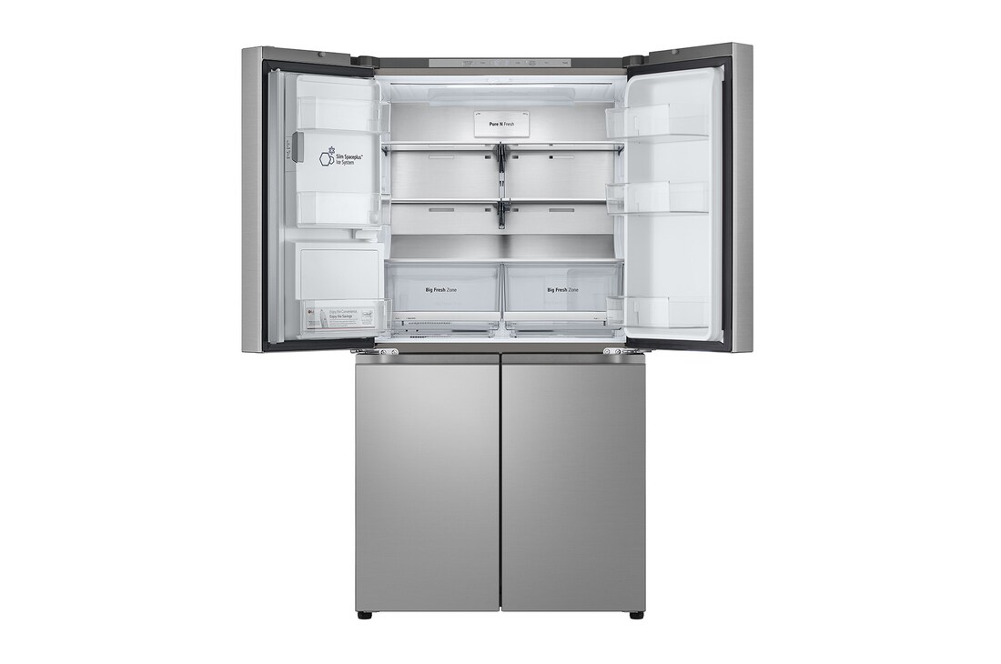 Vista frontale con porte del frigo aperte e porte del freezer chiuse