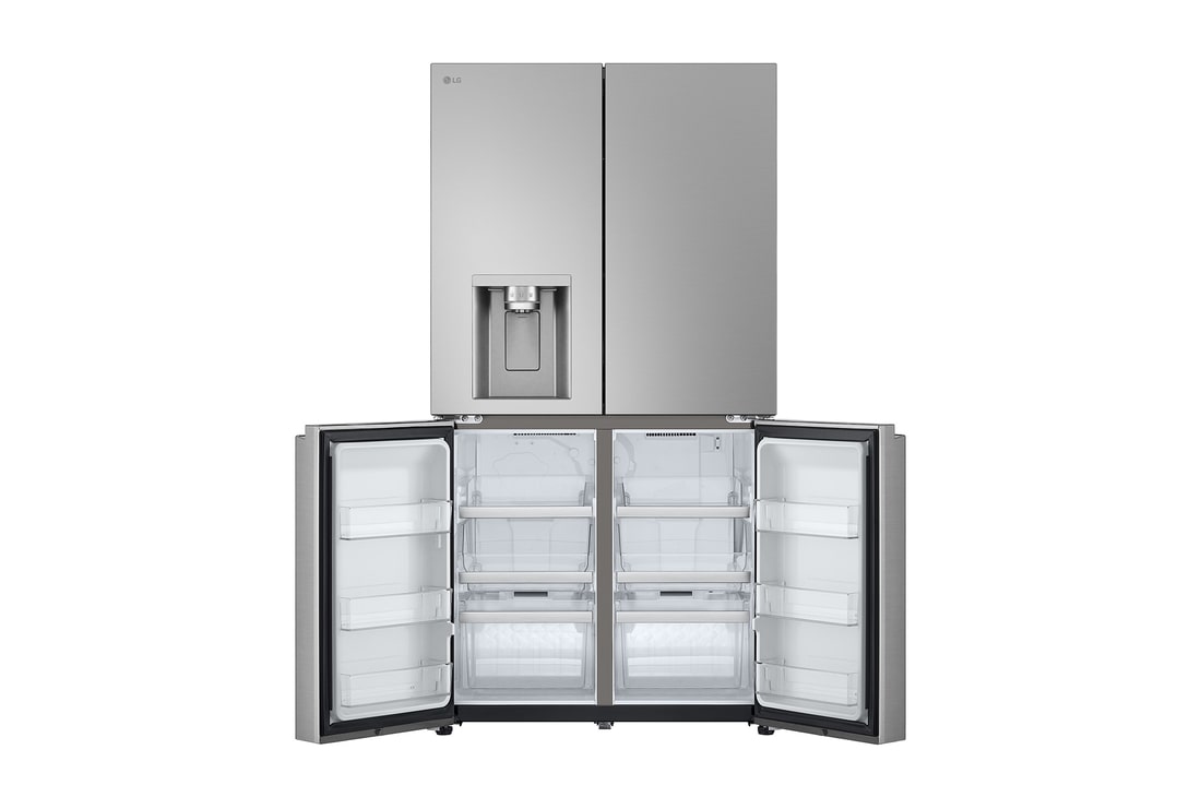 Vista frontale con porte del frigo chiuse e porte del freezer aperte