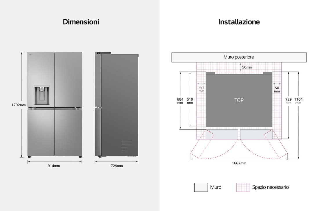 Immagine con le dimensioni del frigorifero e le misure per l'installazione