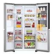 Frigorifero con entrambe le porte aperte e pieno di cibo