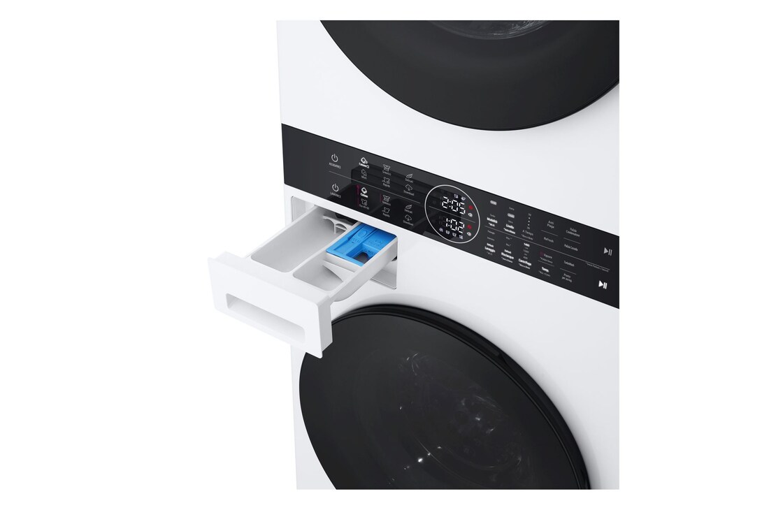 Vista angolata da sinistra con cassetto del detersivo aperto