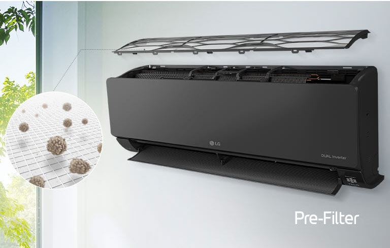 Condizionatore LG Dual Inverter con filtro pre-filtro aperto che rimuove le particelle di polvere dalla stanza.