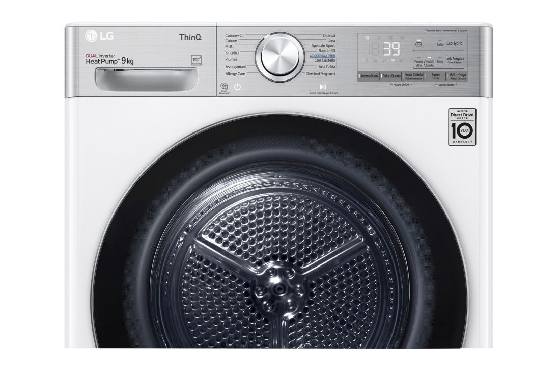 LG Asciugatrice 9kg Pompa di calore DUAL Inverter | Serie V9 Classe C | Eco Hybrid, Condensatore autopulente, Wi-Fi, RH90V9AV2QR