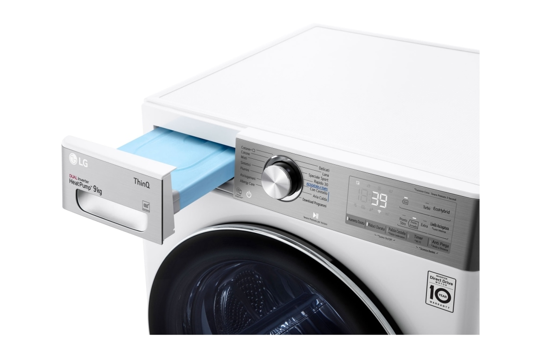 LG Asciugatrice 9kg Pompa di calore DUAL Inverter | Serie V9 Classe C | Eco Hybrid, Condensatore autopulente, Wi-Fi, RH90V9AV2QR