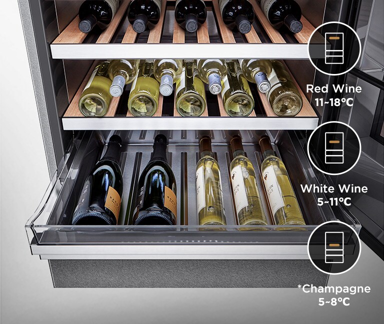 Cantinetta LG con ripiani in legno, vini rossi, bianchi e champagne con temperature di conservazione indicate.
