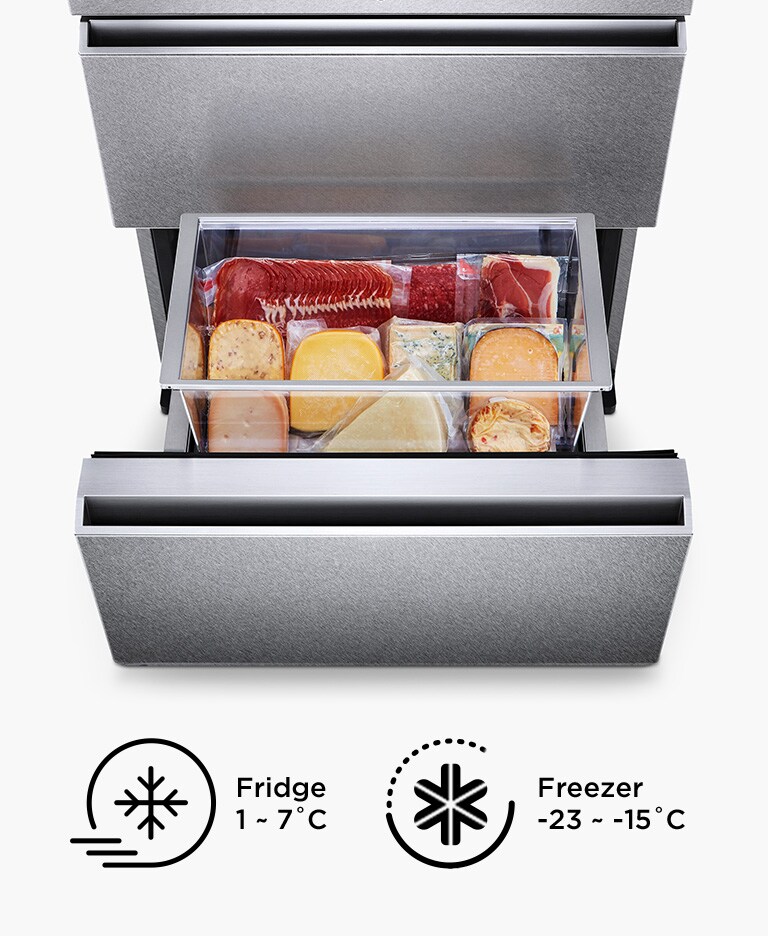 Frigorifero LG con cassetti aperti che mostrano salumi, formaggi e icone di temperatura.